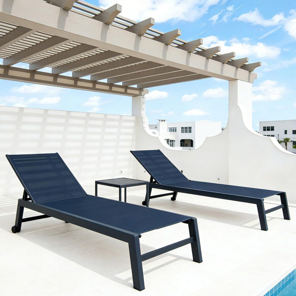 HOMLUX 3-Piece Patio Chaise Lounge Set with Wheels in Navy Blue, , large