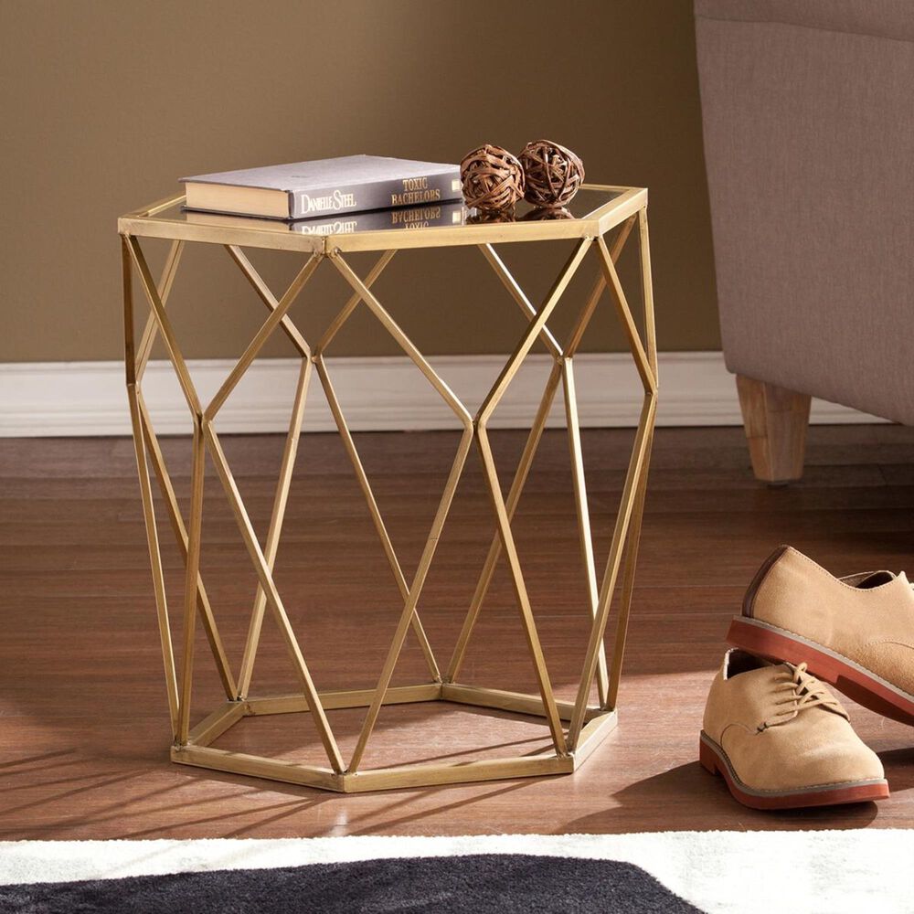 Southern Enterprises Joelle Geometric Accent Table in Gold, , large