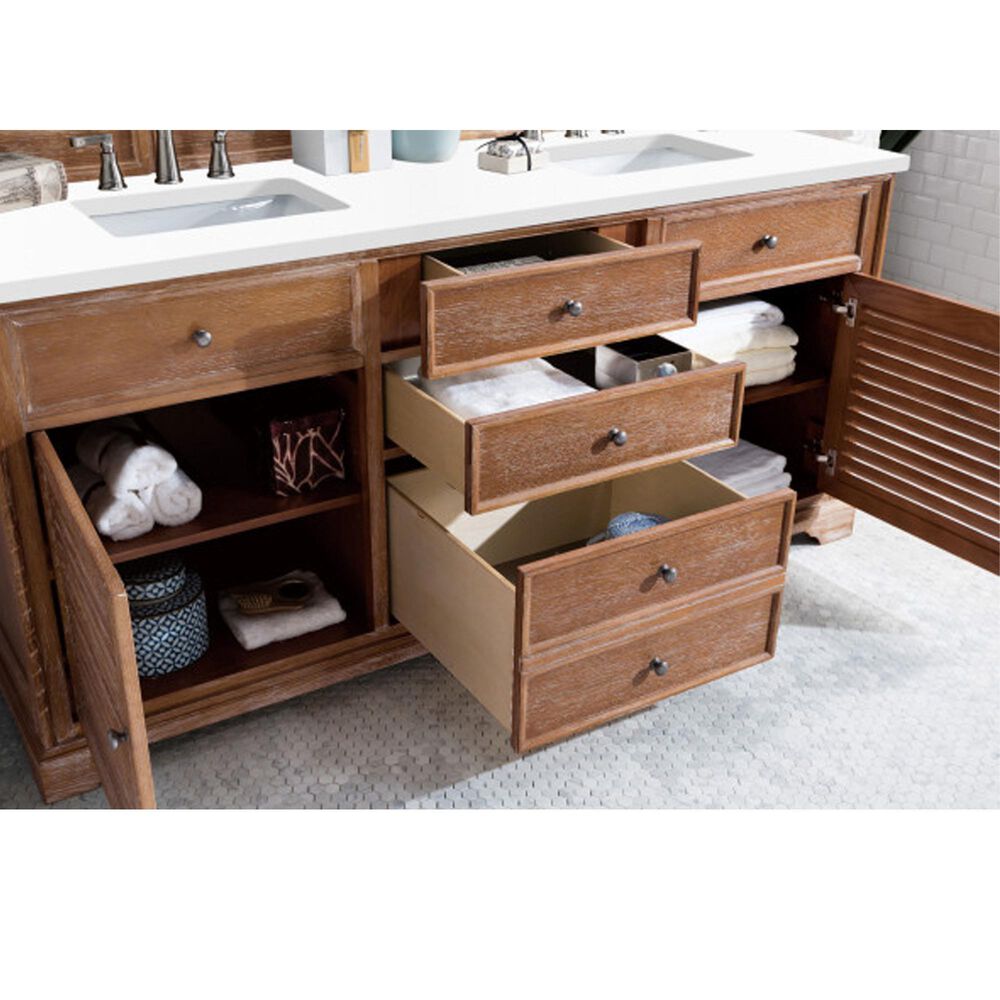 James Martin Vanities Savannah 72&quot; Double Bathroom Vanity in Driftwood with 3 cm White Zeus Quartz Top and Rectangular Sinks, , large