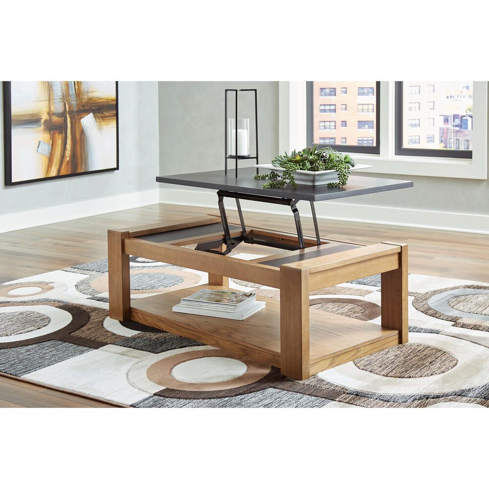 Ashley Quentina Lift-Top Coffee Table in Light Brown and Black, , large