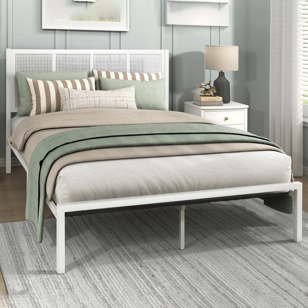 Hearth and Haven Eastern King Platform Bed with Faux Cane Panel Headboard in White, , large