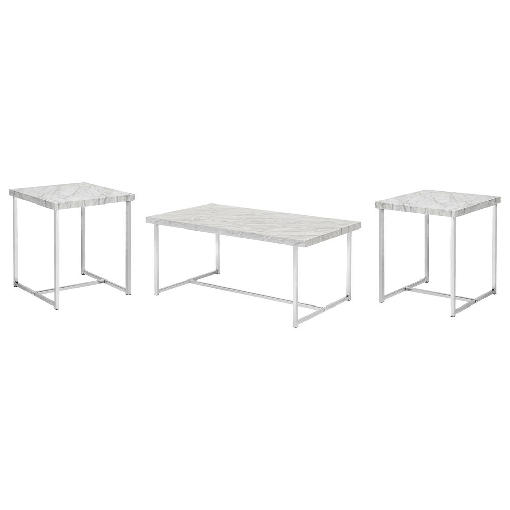 Furniture of America Merritt 3-Piece Coffee Table Set in Chrome and White Faux Marble , , large