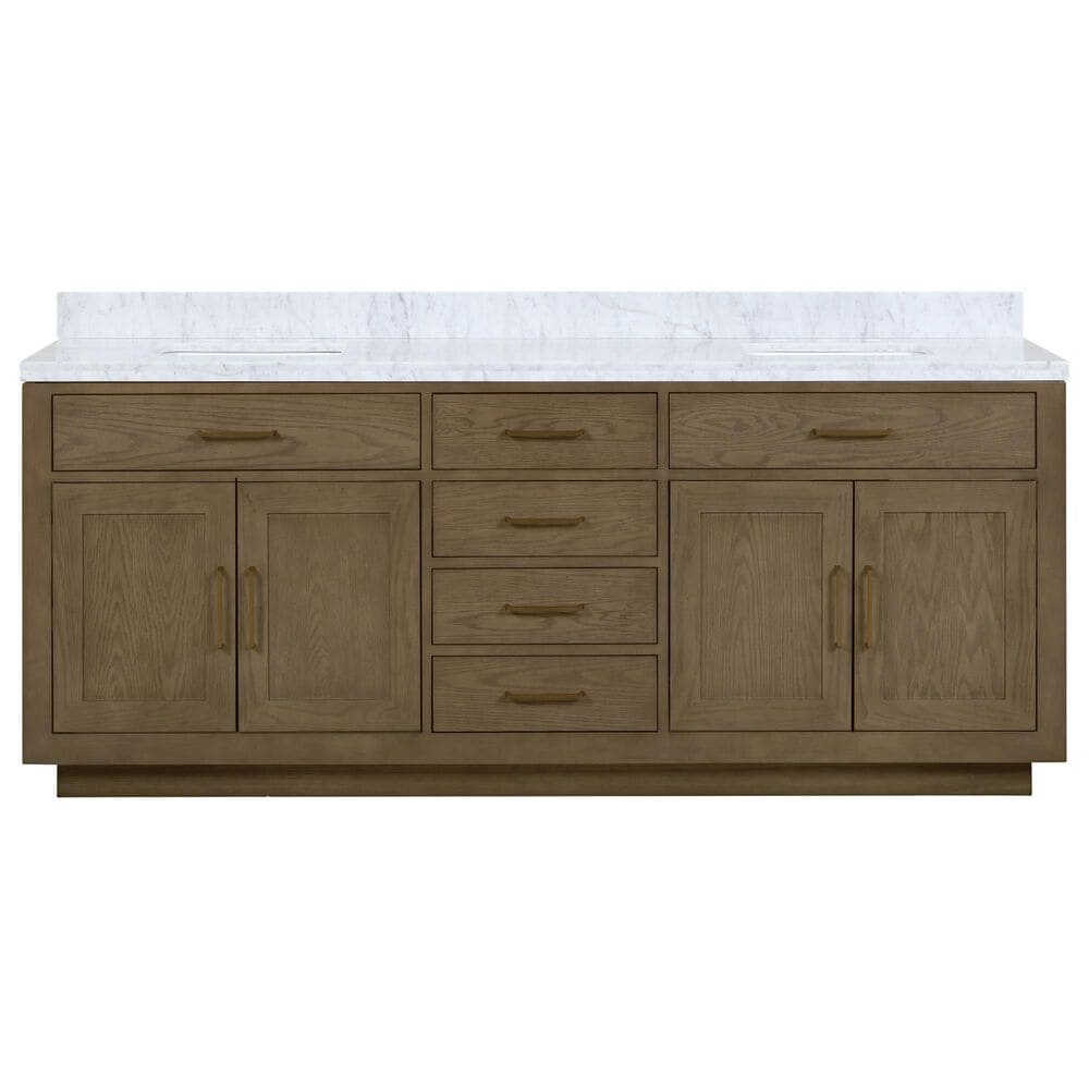 Lexora Home Abbey 84&quot; Double Bathroom Vanity in Grey Oak with 2 cm White Carrara Marble Top and Rectangular Sinks, , large