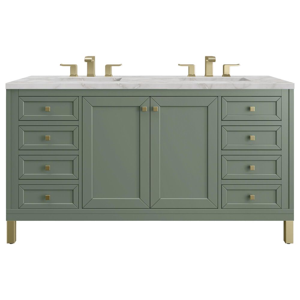 James Martin Vanities Chicago 60" Double Bathroom Vanity in Smokey Celadon with 3 cm Eternal Jasmine Pearl Silestone Top, Rectangular Sinks and FreePower Wireless Charger, , large