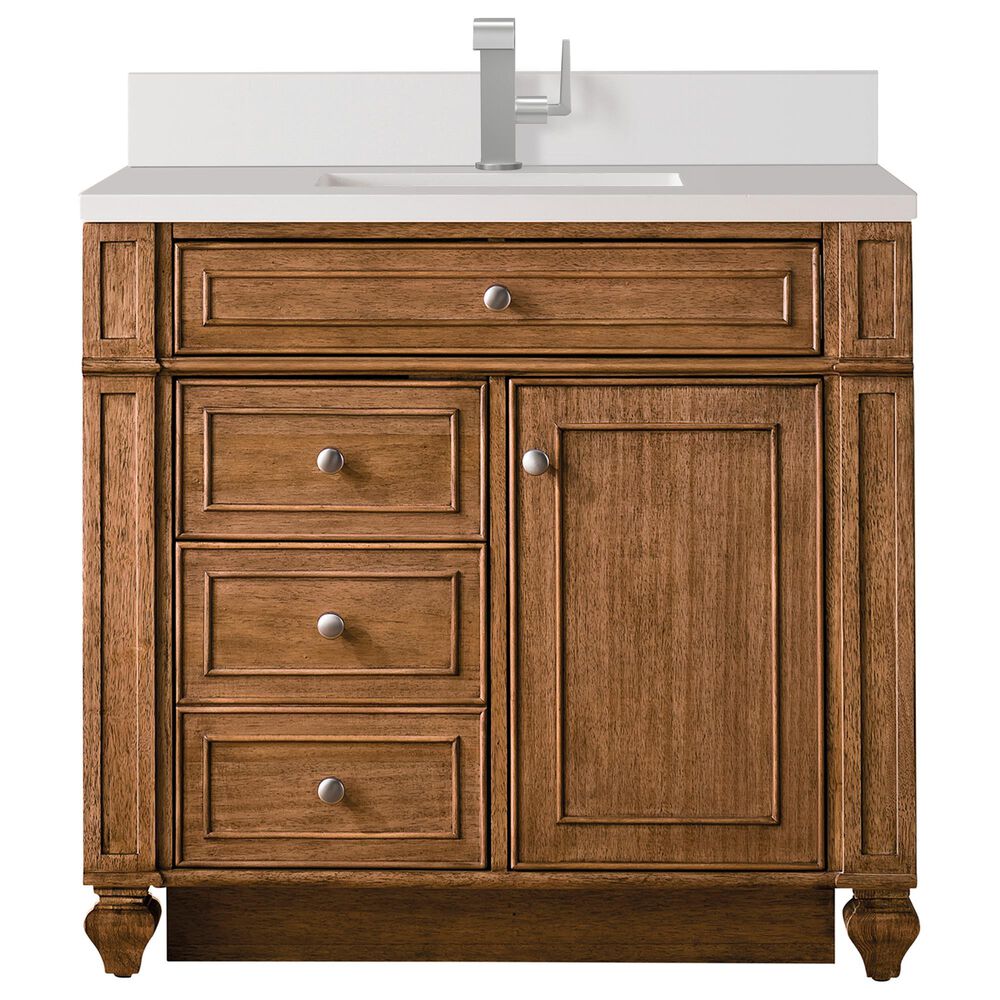 James Martin Vanities Bristol 36" Single Bathroom Vanity in Saddle Brown with Single Hole 3 cm White Zeus Quartz Top and Rectangular Sink, , large