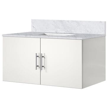 Lexora Home Geneva 36" Single Bathroom Vanity in Glossy White with 2 cm White Carrara Marble Top and Rectangular Sink, , large