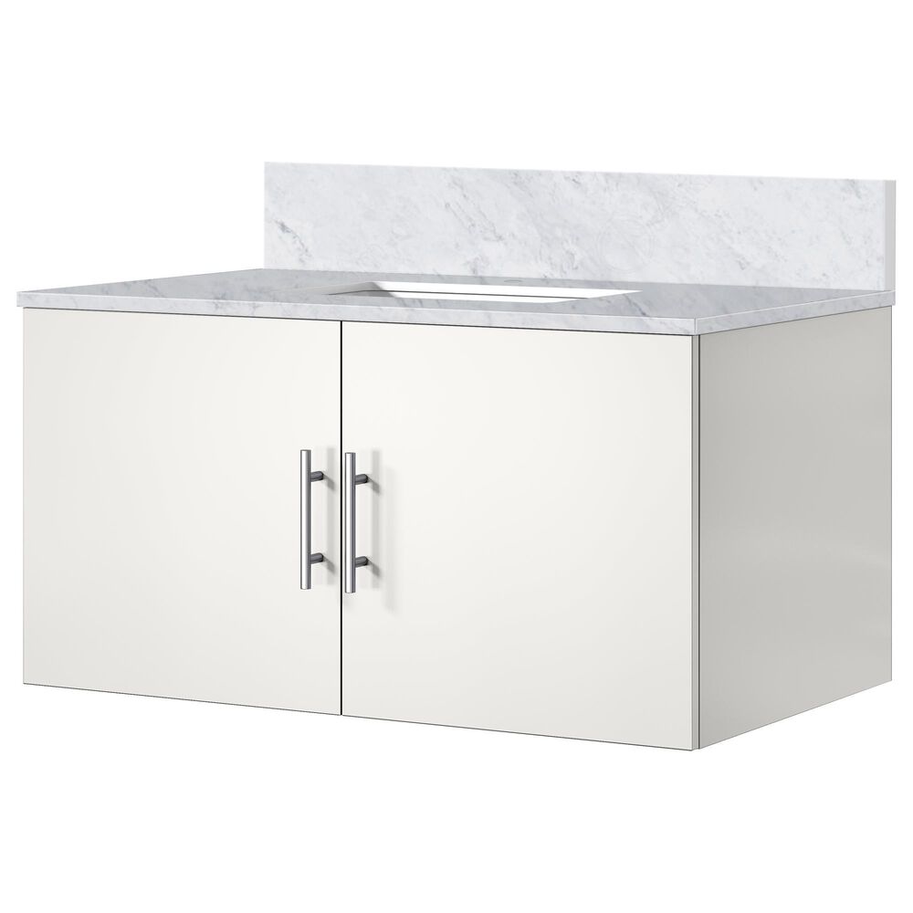 Lexora Home Geneva 36" Single Bathroom Vanity in Glossy White with 2 cm White Carrara Marble Top and Rectangular Sink, , large