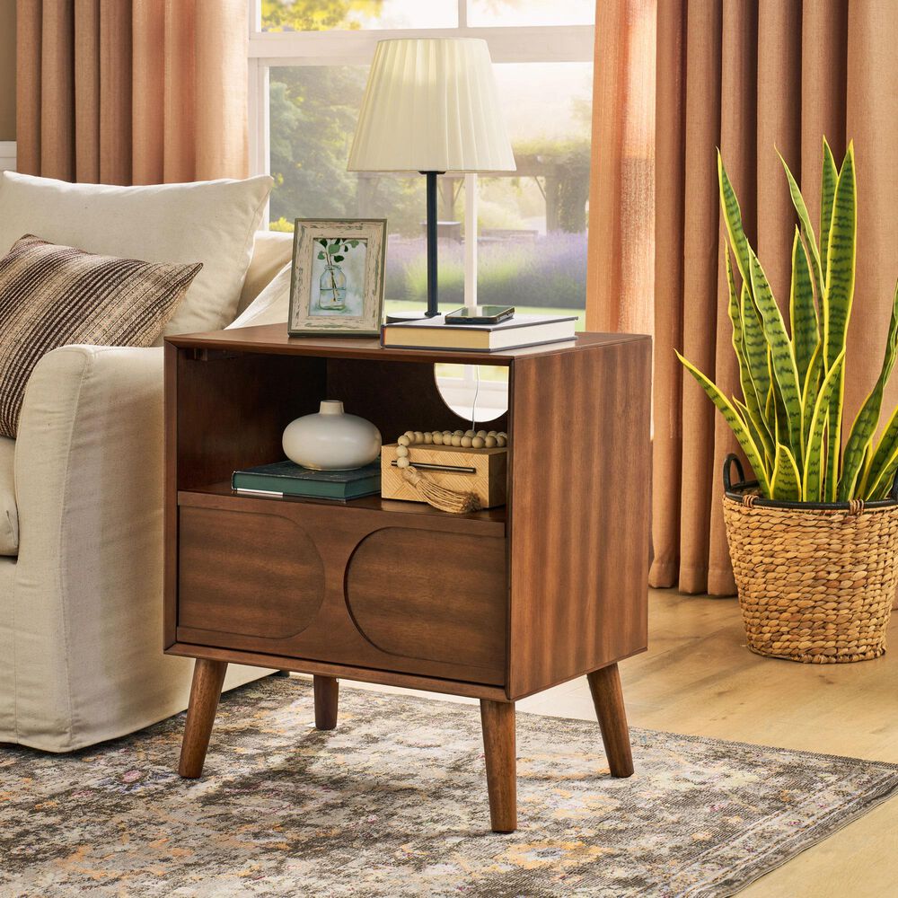 Hearth and Haven Nightstand with Charging Station USB Ports and Outlet Hole in Walnut Brown, , large