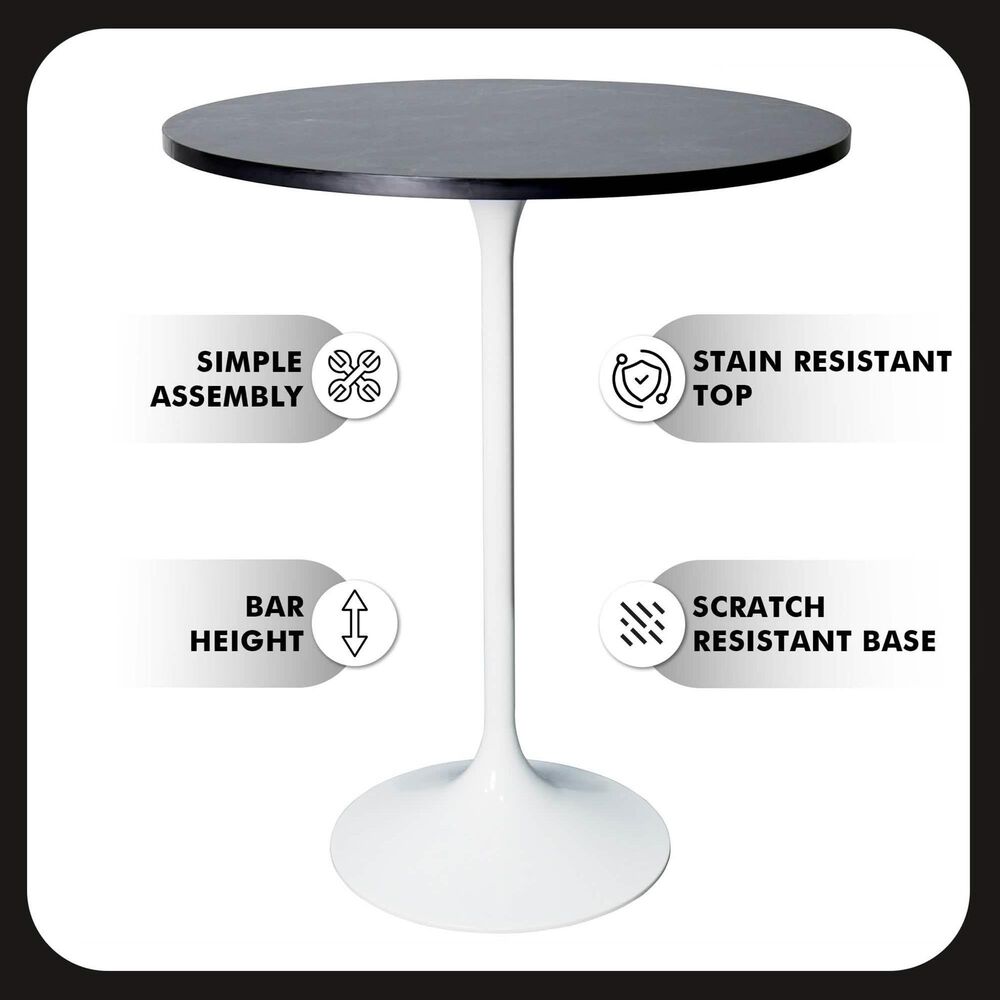 Leisuremod LeisureMod Verve Collection Modern Bar Height Table White Base with 27 Round Black Marbelized MDF Top, , large