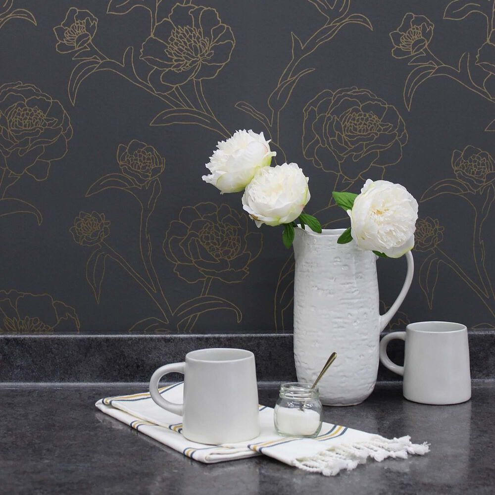 Tempaper Peonies Noir Peel and Stick Wallpaper, , large