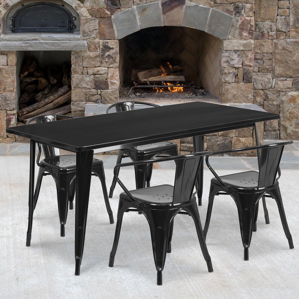 Flash Furniture 5-Piece Metal Dining Table Set with Arm Chairs in Black, , large