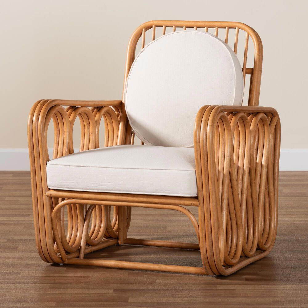 Baxton Studio Tiramisu Arm Chair with Light Honey Rattan in White, , large