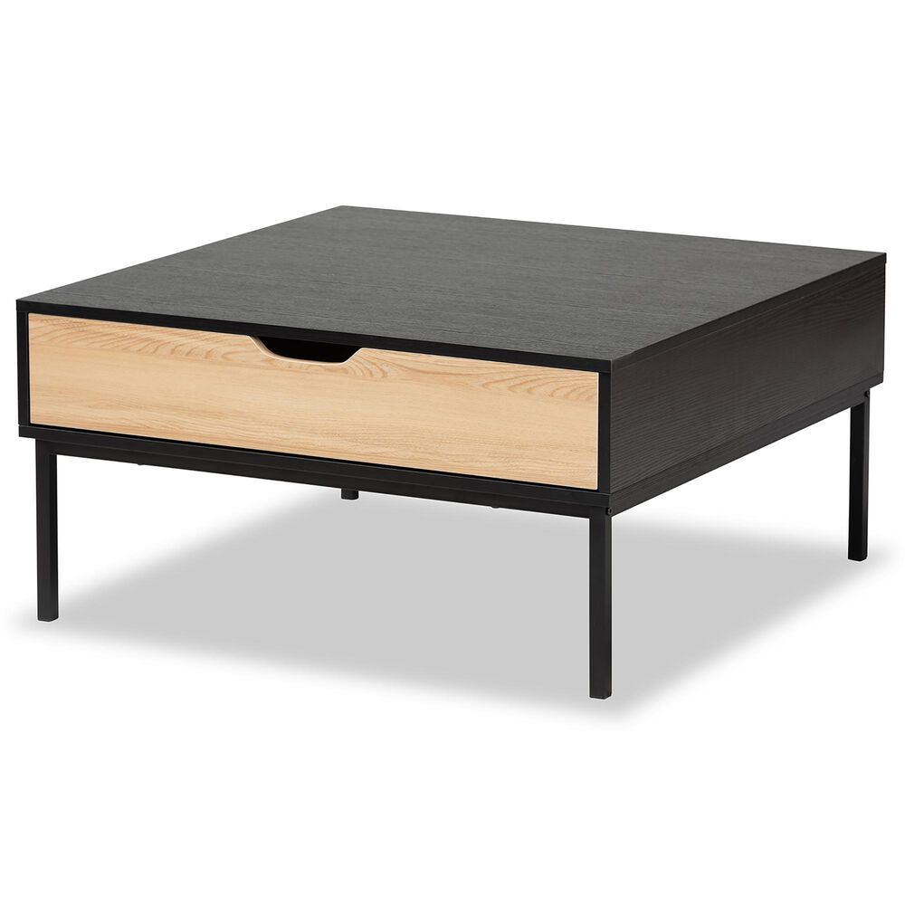 Baxton Studio Haben Coffee Table with Drawer in Oak Brown and Black, , large
