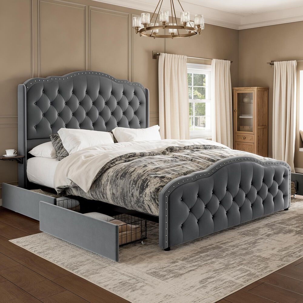 HOMLUX Full Upholstered Platform Storage Bed Frame with Headboard in Gray, , large