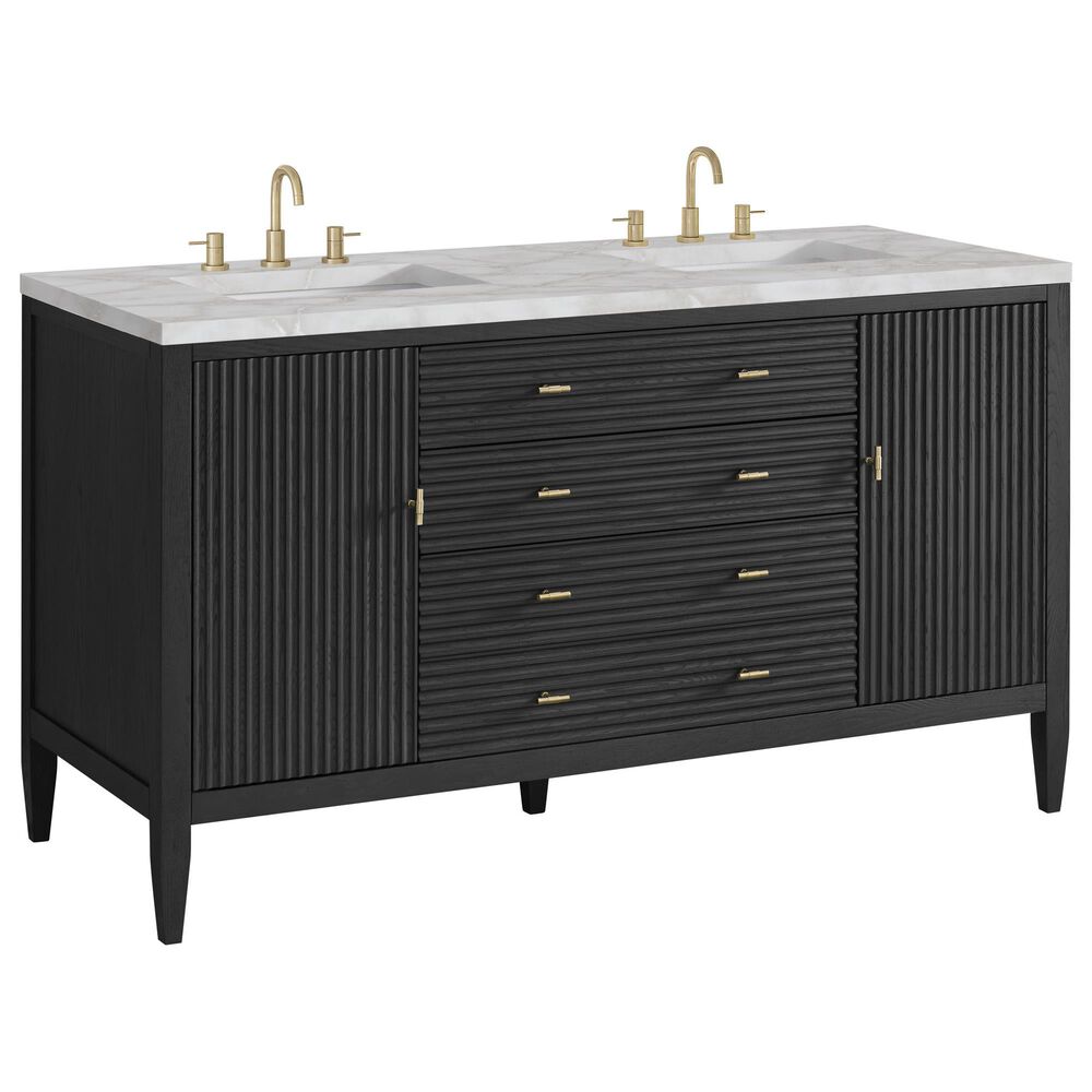 James Martin Vanities Myrrin 60" Double Vanity in Carbon Oak with 3 cm Victorian Silver Quartz Top, , large