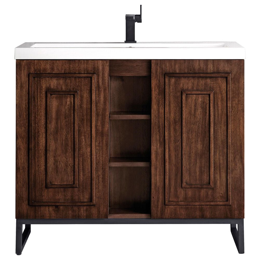 James Martin Vanities Alicante 39.5" Single Bathroom Vanity in Mid Century Acacia and Matte Black with 5 cm White Glossy Resin Top and Rectangular Sink, , large