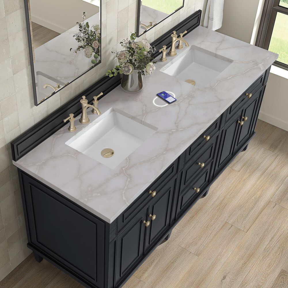 James Martin Vanities Lorelai 72" Double Bathroom Vanity in Black Onyx with 3 cm Eternal Jasmine Pearl Silestone Top, Rectangular Sinks and FreePower Wireless Charger, , large