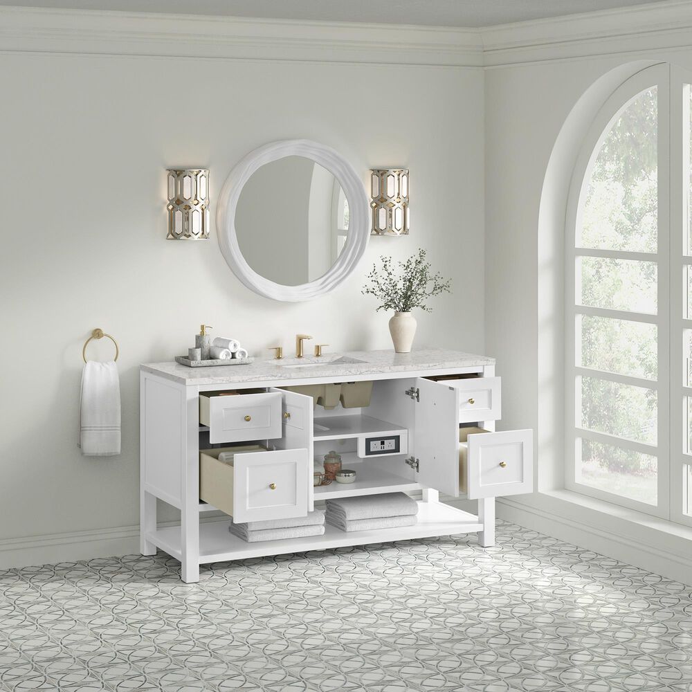 James Martin Vanities Breckenridge 60" Single Bathroom Vanity in Bright White with 3 cm Eternal Jasmine Pearl Quartz Top and Rectangular Sink, , large