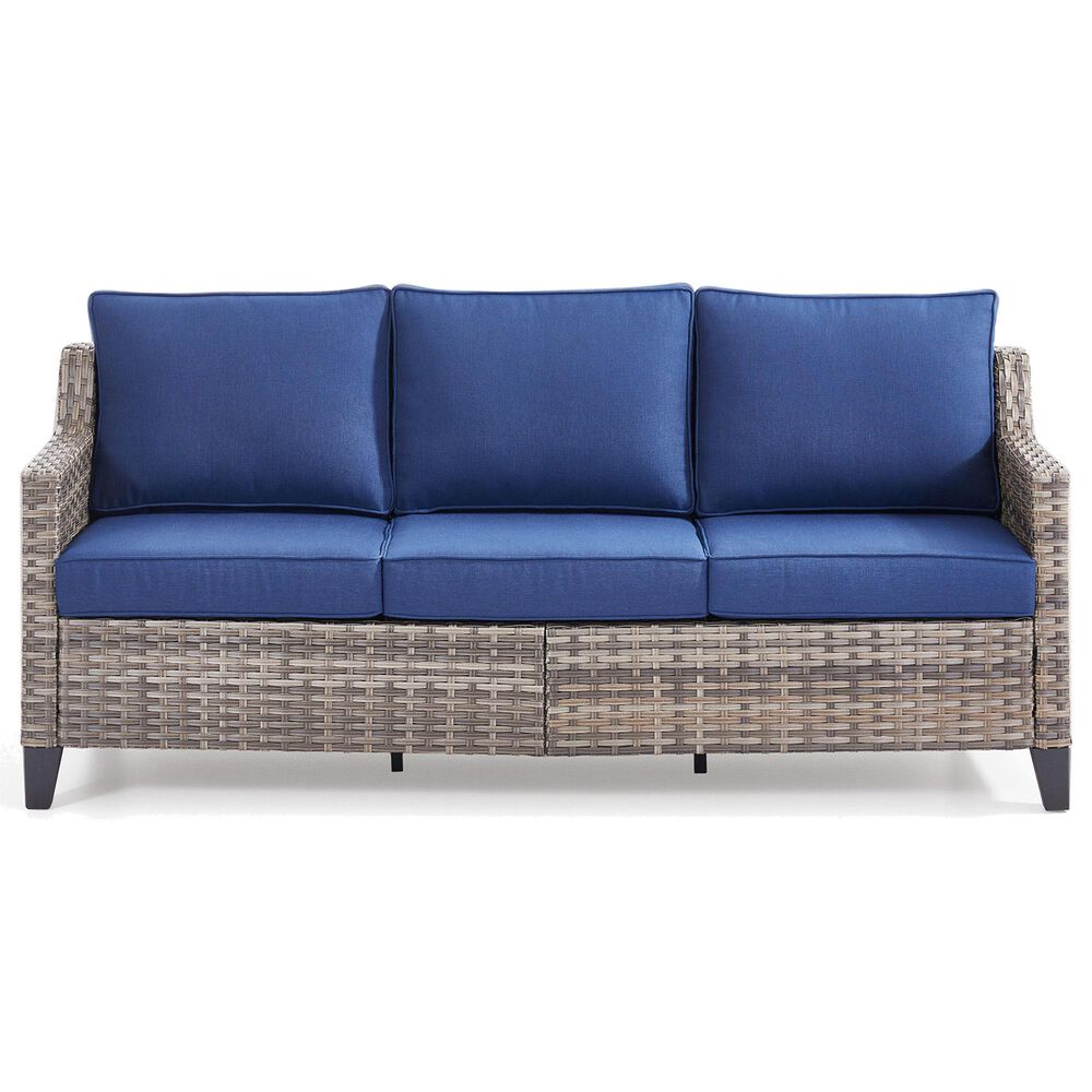 Hearth and Haven Outdoor Sofa with Cushions and Gray Wicker in Blue, , large