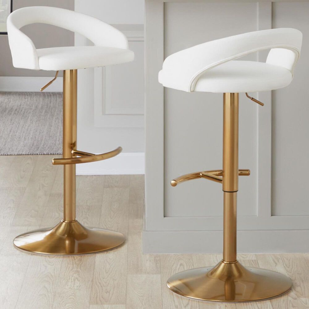 LumiSource Grotto Adjustable Bar Stool with White Faux Leather Upholstery in Gold (Set of 2), , large