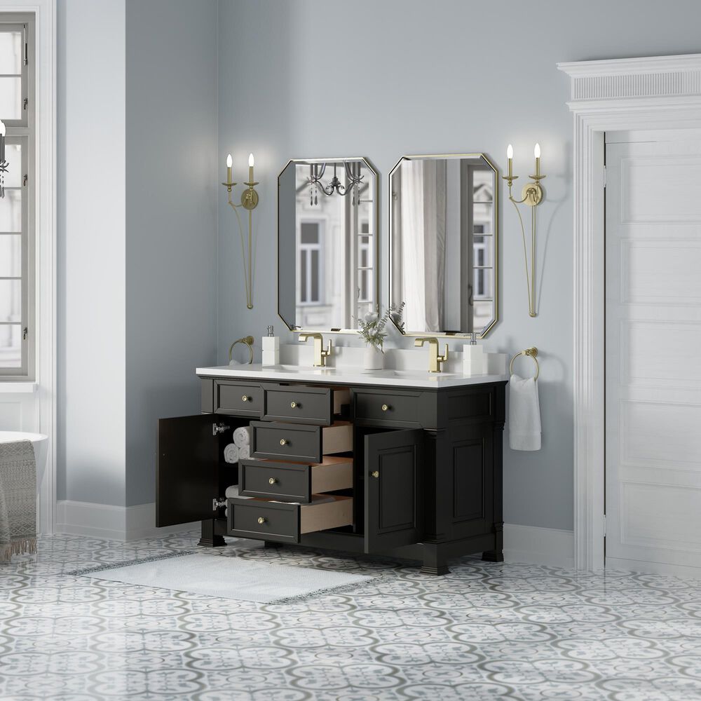 James Martin Vanities Brookfield 60&quot; Double Bathroom Vanity in Black Onyx with Single Hole 3 cm White Zeus Quartz Top and Rectangular Sinks, , large