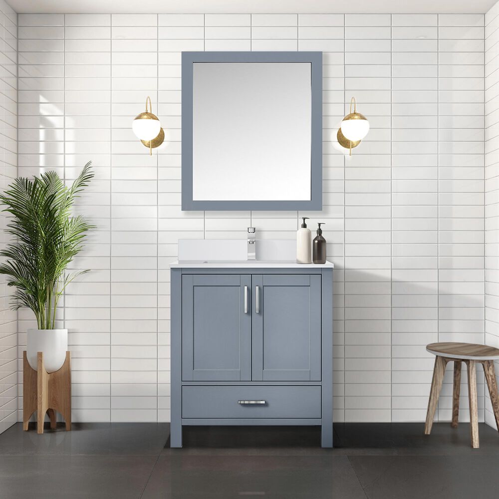 Lexora Home Jacques 30&quot; Single Bathroom Vanity in Dark Grey with 2 cm White Cultured Marble Top and Rectangular Sink, , large