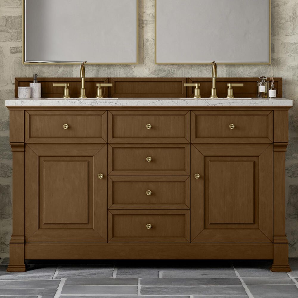 James Martin Vanities Brookfield 60&quot; Double Bathroom Vanity in Honey Oak with 3 cm Eternal Jasmine Pearl Quartz Top and Rectangular Sinks, , large