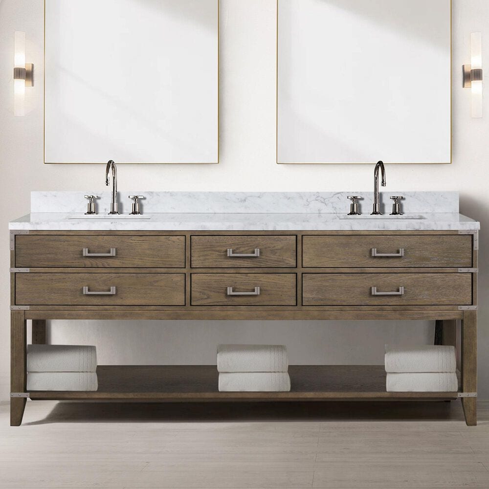 Lexora Home Norwalk 80&quot; Double Bathroom Vanity in Grey Oak with White Carrara Marble Top  and Rectangle Sink, , large