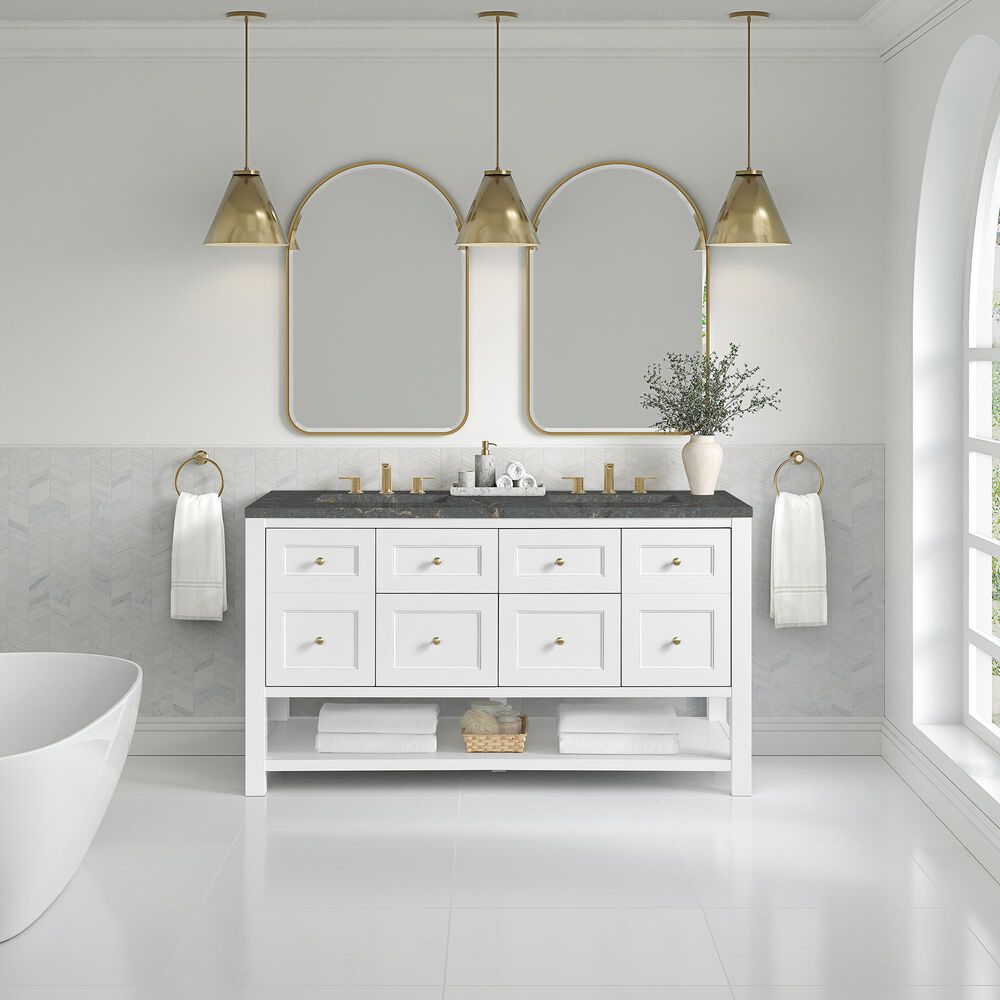 James Martin Vanities Breckenridge 60&quot; Double Bathroom Vanity in Bright White with 3 cm Parisien Bleu Quartz Top and Rectangular Sinks, , large