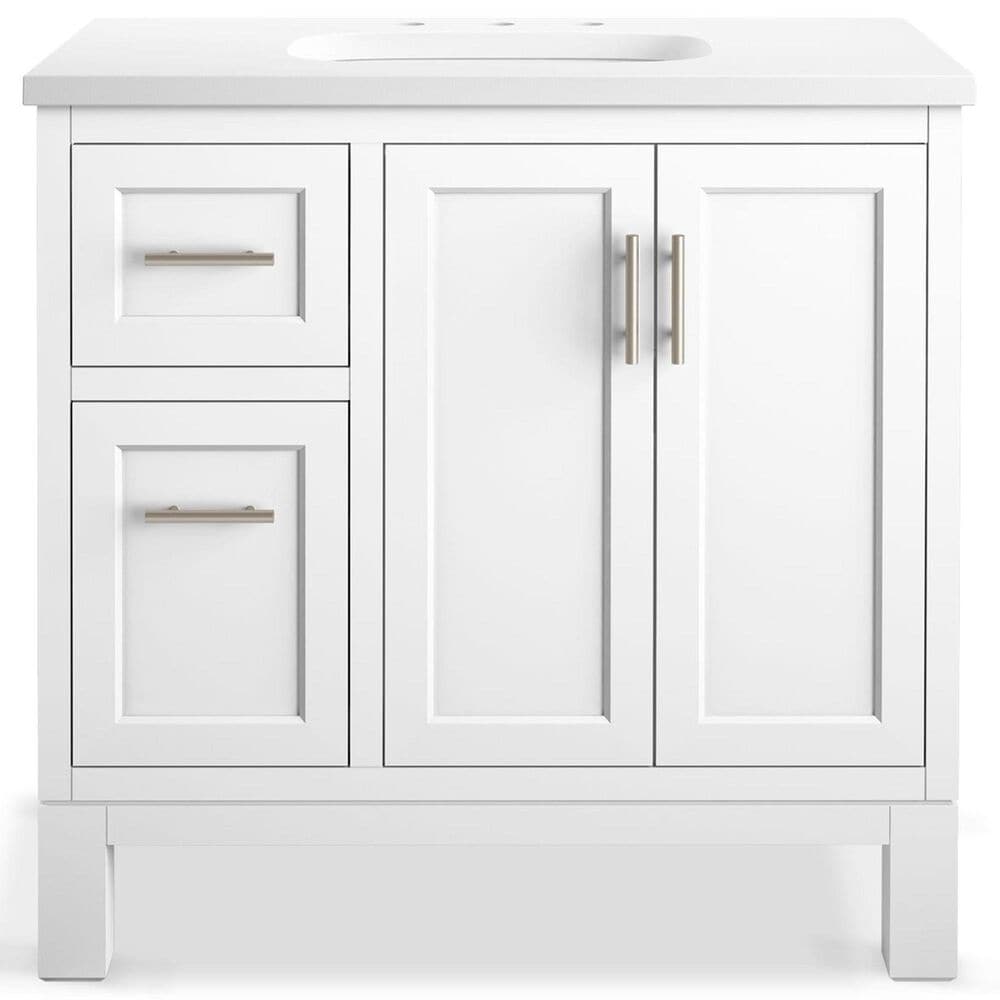 Kohler Quo 36&quot; Single Bathroom Vanity in White with 3 cm Pure White Quartz Top and Oval Sink, , large