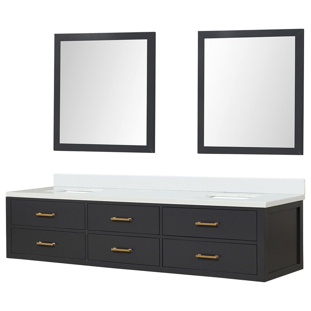 Lexora Home Castor 84" Double Bathroom Vanity in Black with 2 cm White Cultured Marble Top, Rectangular Sinks and 36" Mirrors, , large
