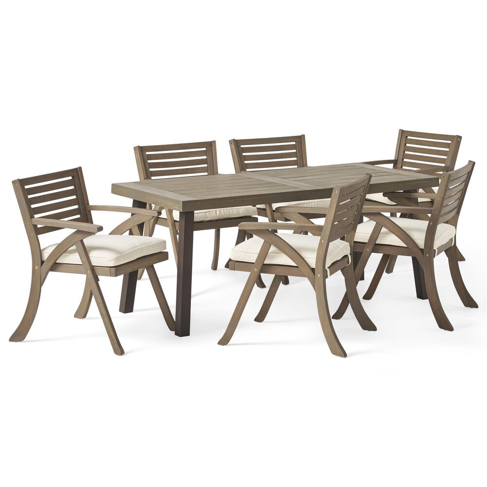 Noble House Della 7-Piece Patio Dining Set with Cream Cushion in Gray, , large