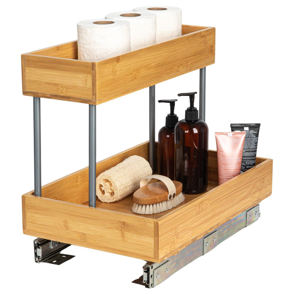 Household Essentials Glidez 2-Tier Pull-Out Storage Organizer for Under Sink or Cabinet Usein Natural and Chrome, , large