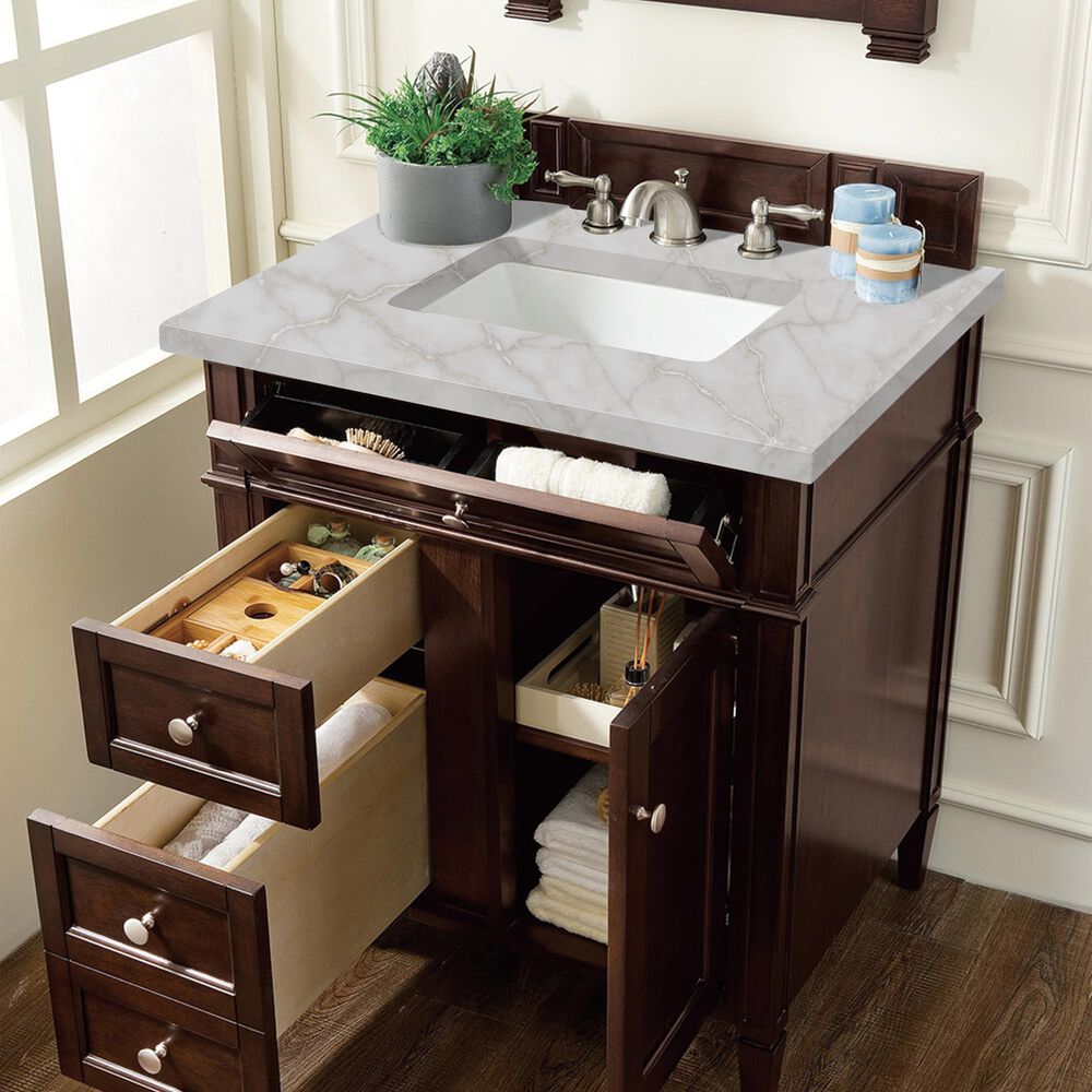 James Martin Vanities Brittany 30&quot; Single Bathroom Vanity in Burnished Mahogany with 3 cm Victorian Silver Quartz Top and Rectangular Sink, , large