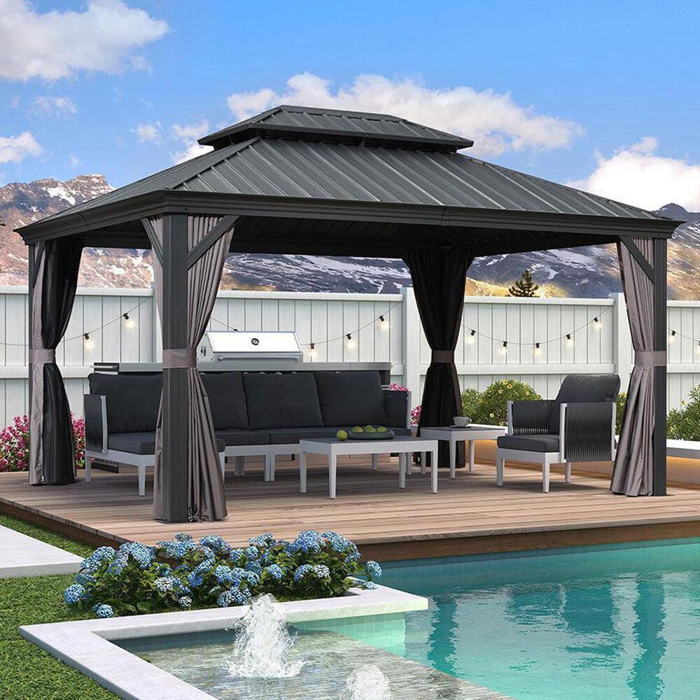 HOMLUX 14-ft x 11-ft Double Roof Outdoor Gazebo Gray Gazebo with Hardtop Roof (Screen Included), , large