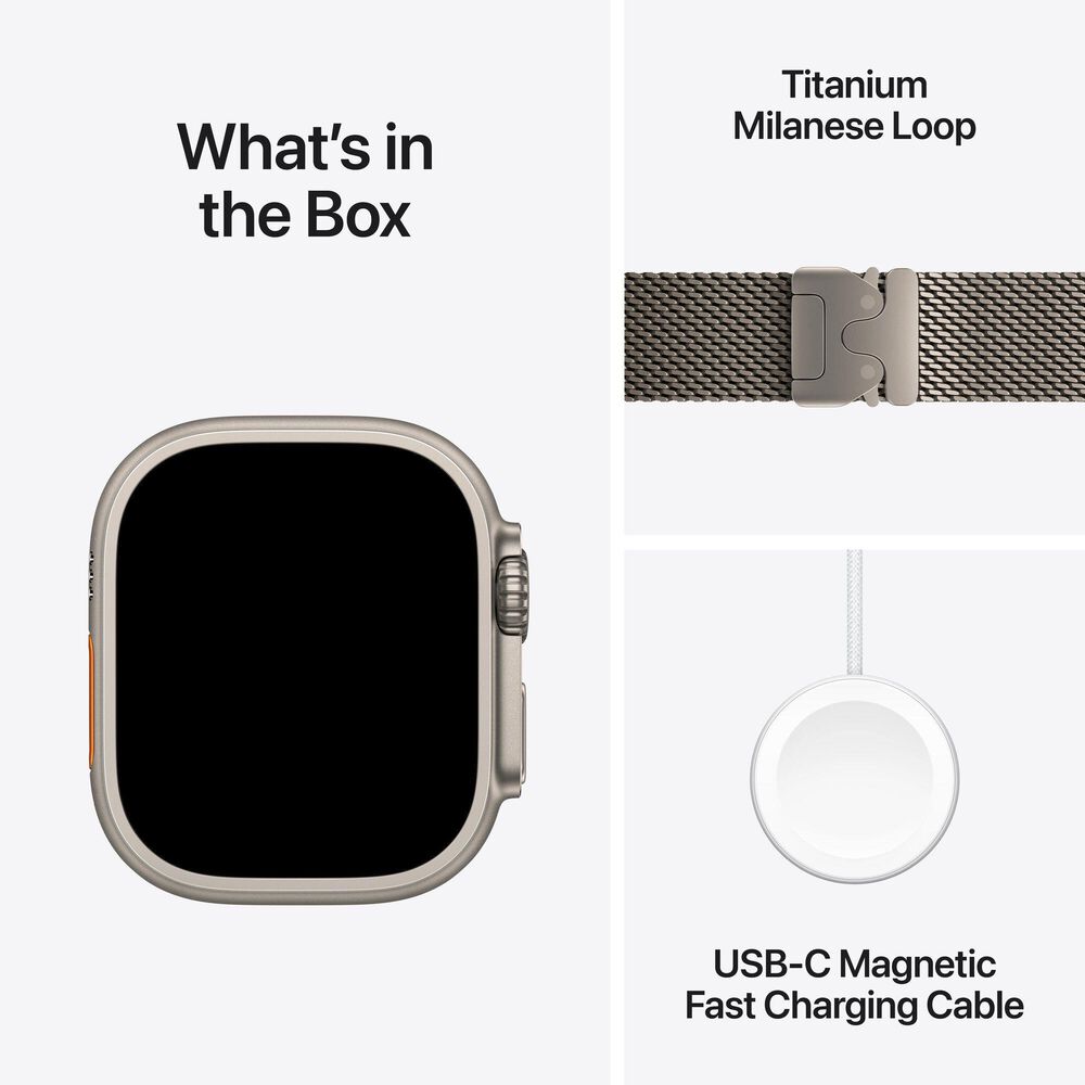 Apple Watch Ultra 3 (GPS+Cellular) 49mm Titanium Case with Titanium Milanese Loop - Medium in Natural and 2-Year AppleCare+, , large