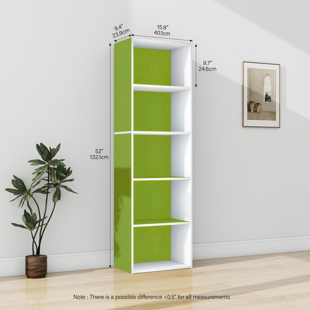 HOMLUX 5-Tier Reversible Bookshelf with Decorative Open Shelves in White and Green, , large