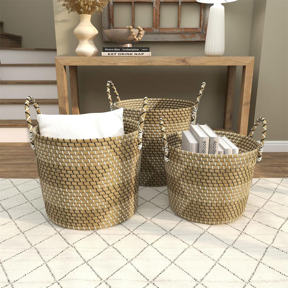 Maple and Jade Storage Basket with Handles in Beige, Matte White and Black &#40;Set of 3&#41;, , large