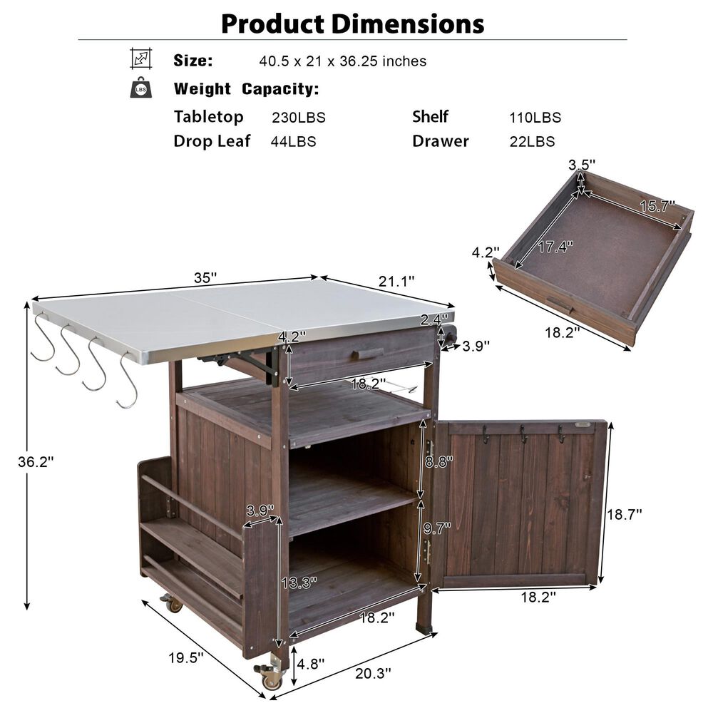 HOMLUX 40.5" Outdoor Kitchen Island with One Drawer in Brown and Stainless Steel, , large