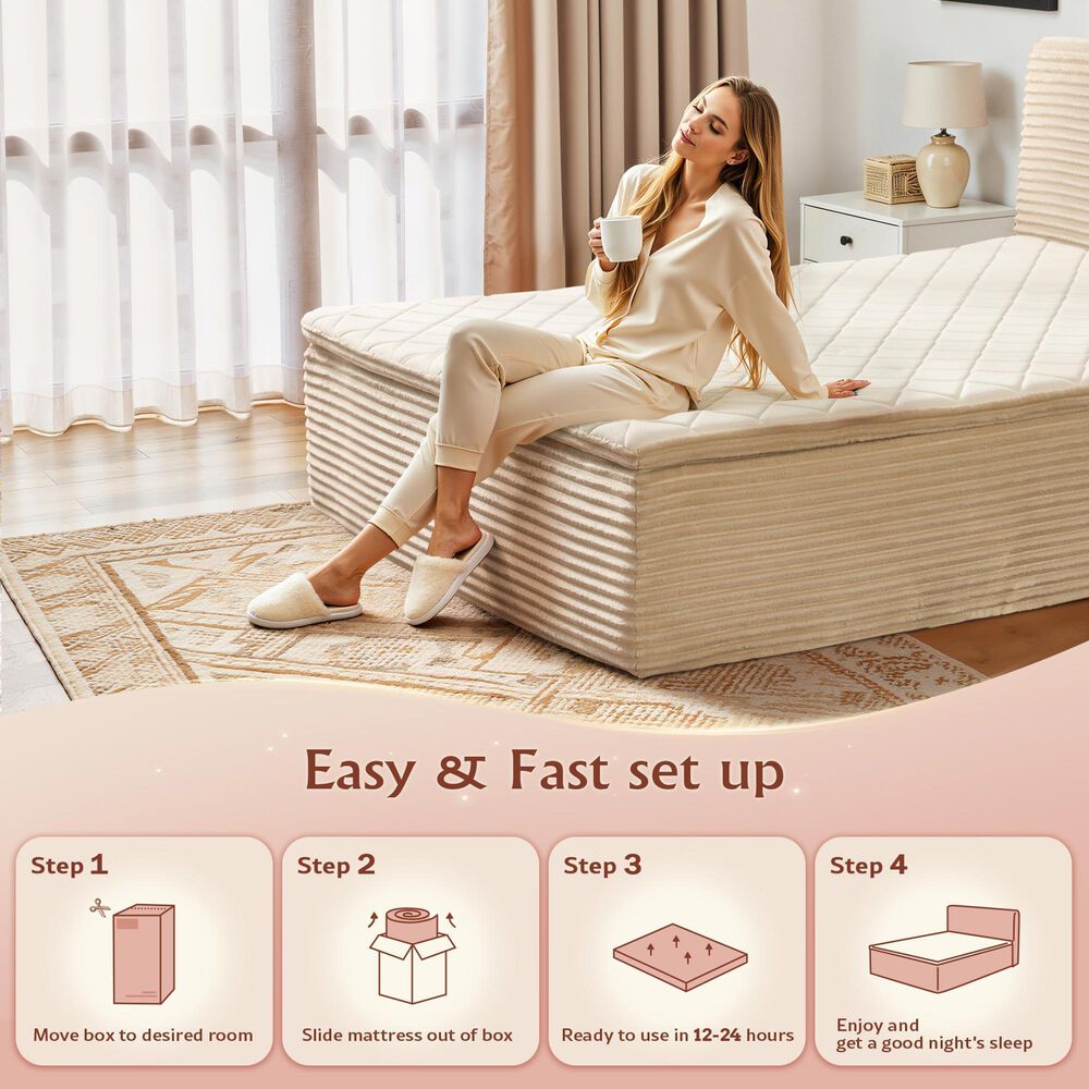 HOMLUX Plush Full Mattress with Beige Headboard, , large