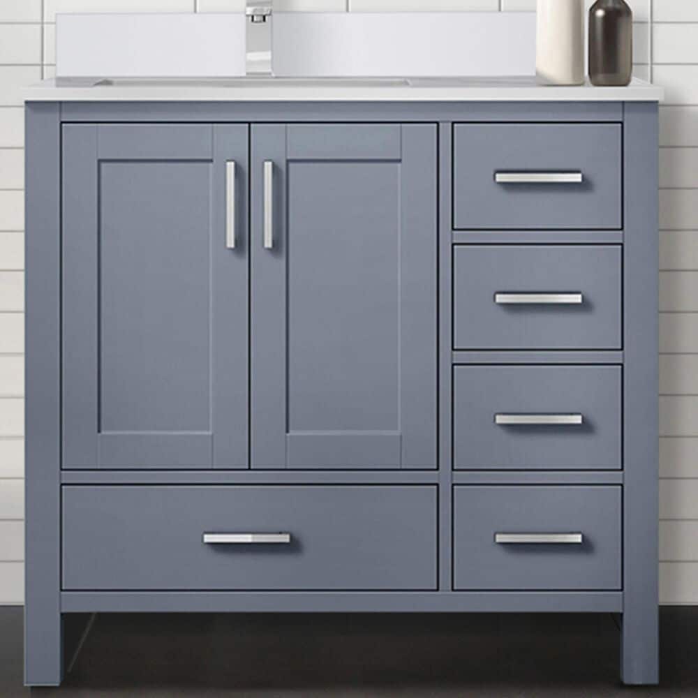 Lexora Home Jacques 36&quot; Left Offset Single Bathroom Vanity in Dark Grey with 2 cm White Cultured Marble Top and Rectangular Sink, , large