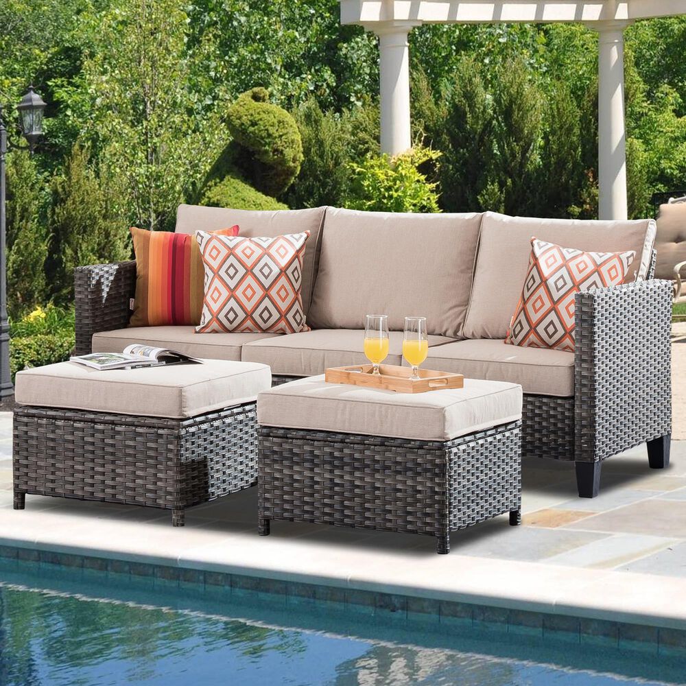 HOMLUX 3-Piece 77" Patio Sofa and Ottoman Set in Beige, , large