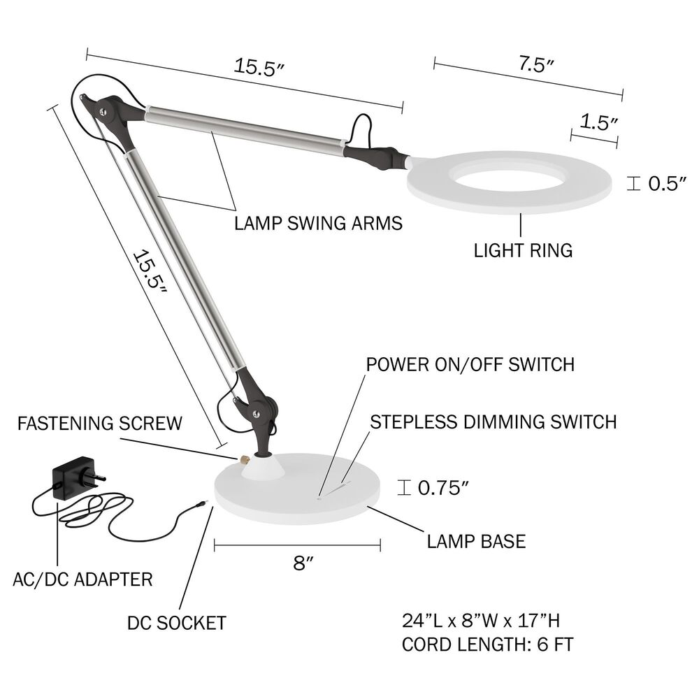 Timberlake Swing Arm Architect Desk Lamp with LED Ring Light in White, , large