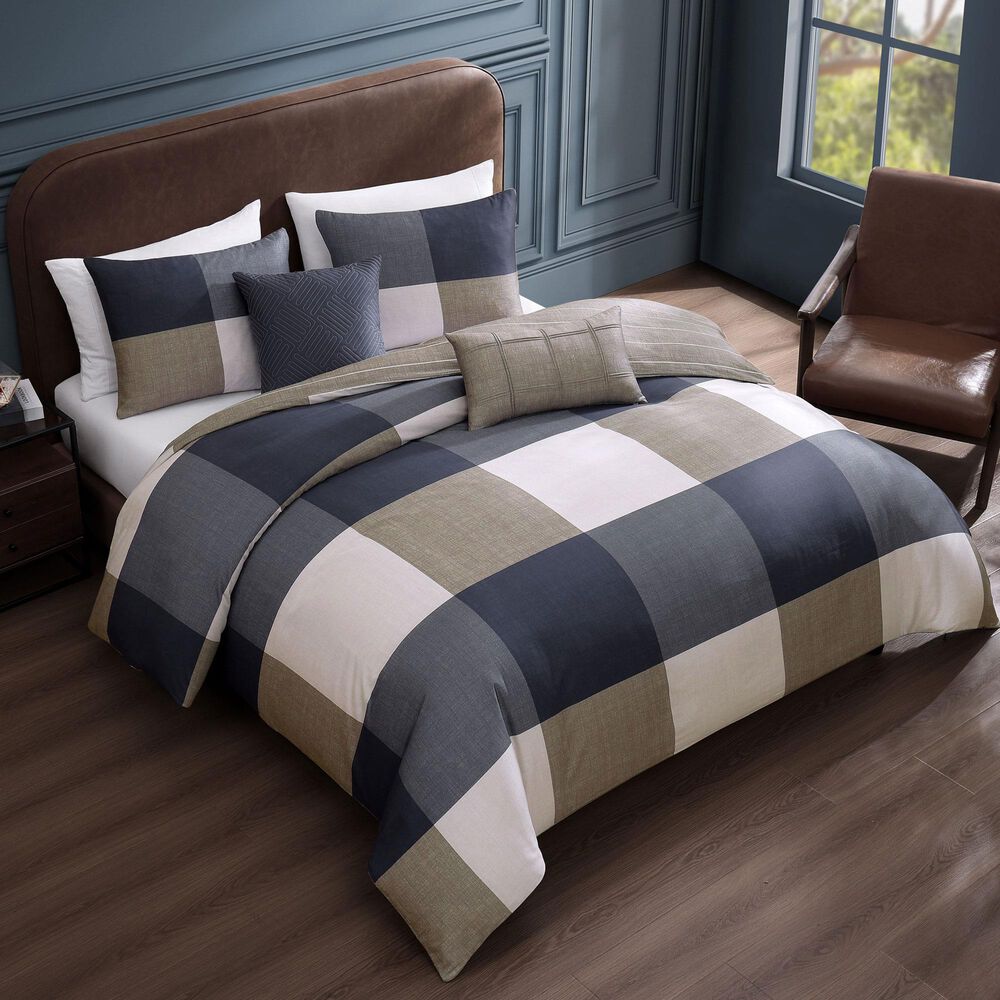 Bebejan 5-Piece King Checkered Comforter Set in Navy and Tan, , large