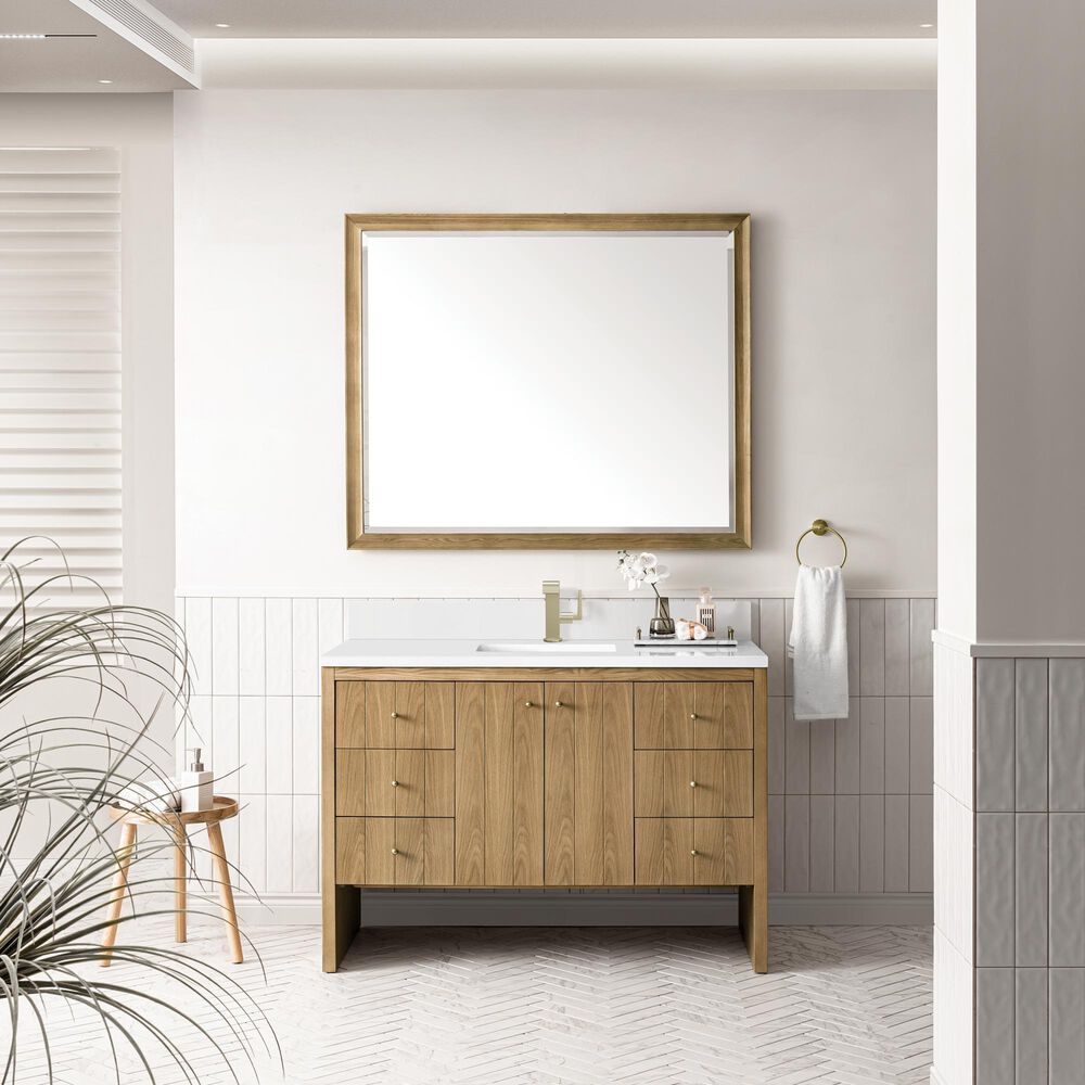 James Martin Vanities Hudson 48" Single Bathroom Vanity in Light Natural Oak with Single Hole 3 cm White Zeus Quartz Top and Rectangular Sink, , large