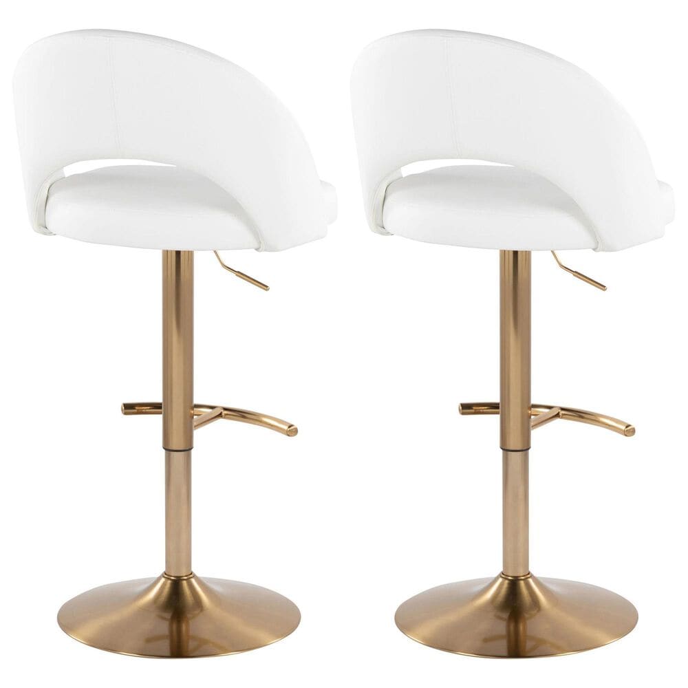 LumiSource Renee Adjustable Swivel Bar Stool with White Faux Leather Upholstery in Gold (Set of 2), , large