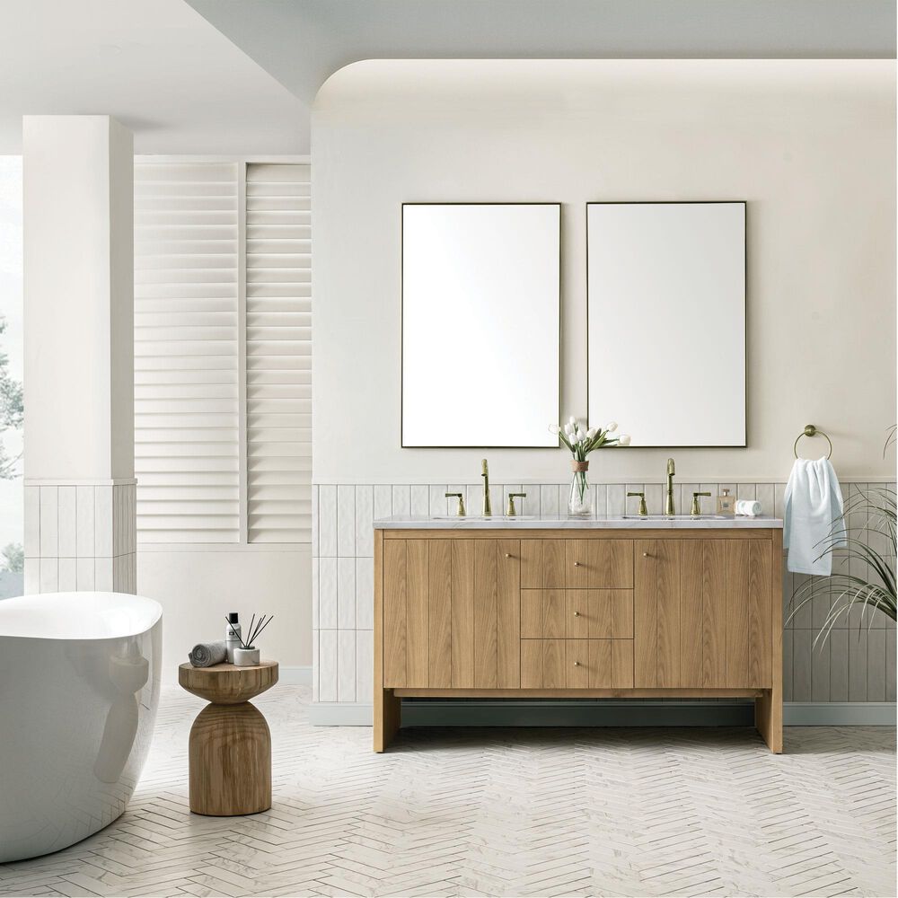 James Martin Vanities Hudson 60" Double Bathroom Vanity in Light Natural Oak with 3 cm Eternal Jasmine Pearl Silestone Top, Rectangular Sinks and FreePower Wireless Charger, , large