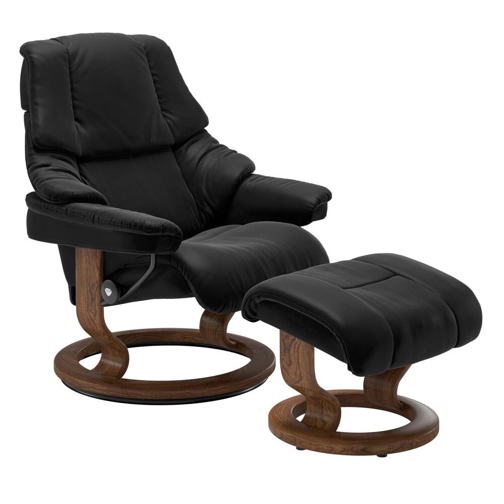 Ekornes Medium Chair and Ottoman with Teak Classic Base in Paloma Black, , large