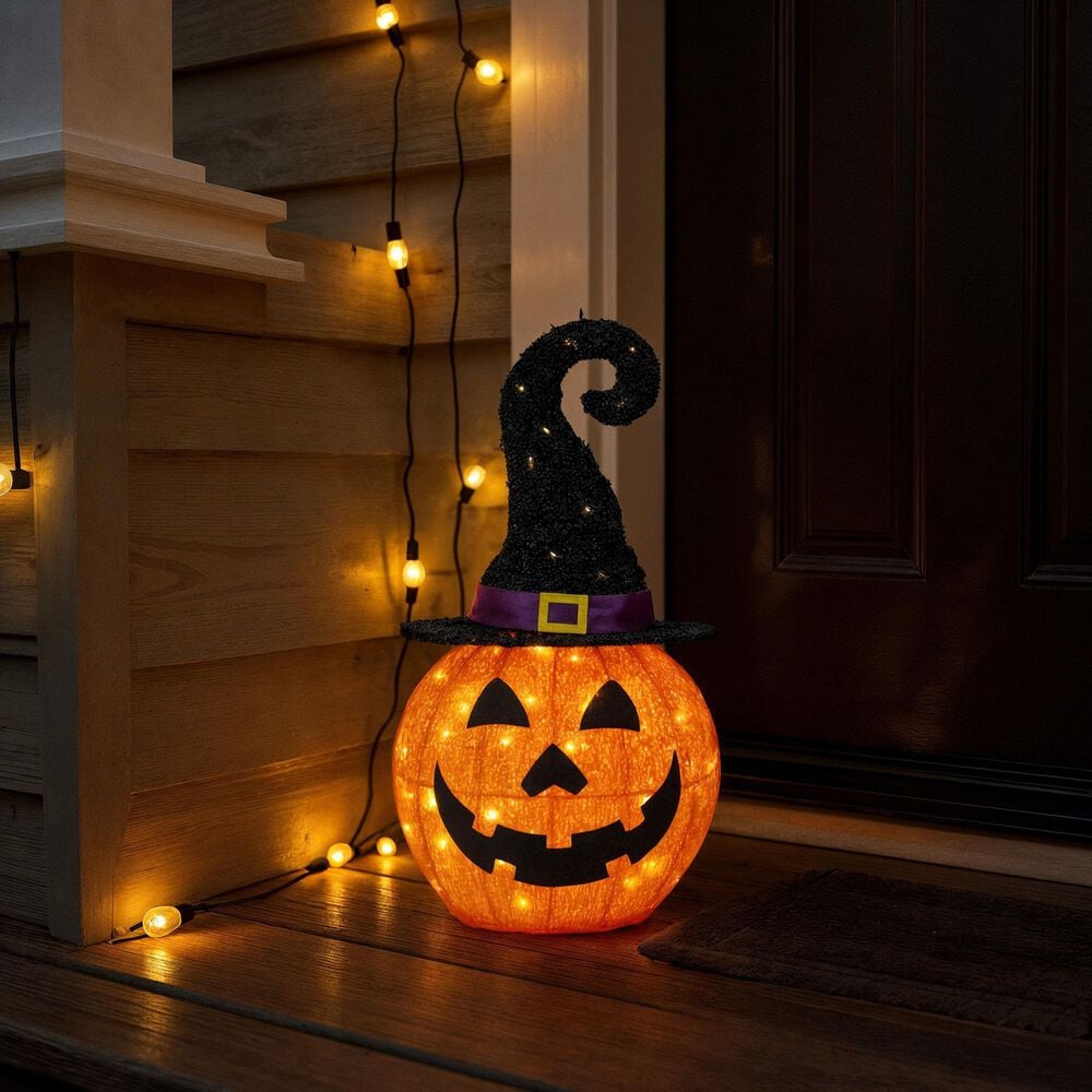 The Gerson Company 24.8&quot;H UL Electric Lighted Outdoor Pumpkin with Witch Hat and 45 Lights in Orange, , large