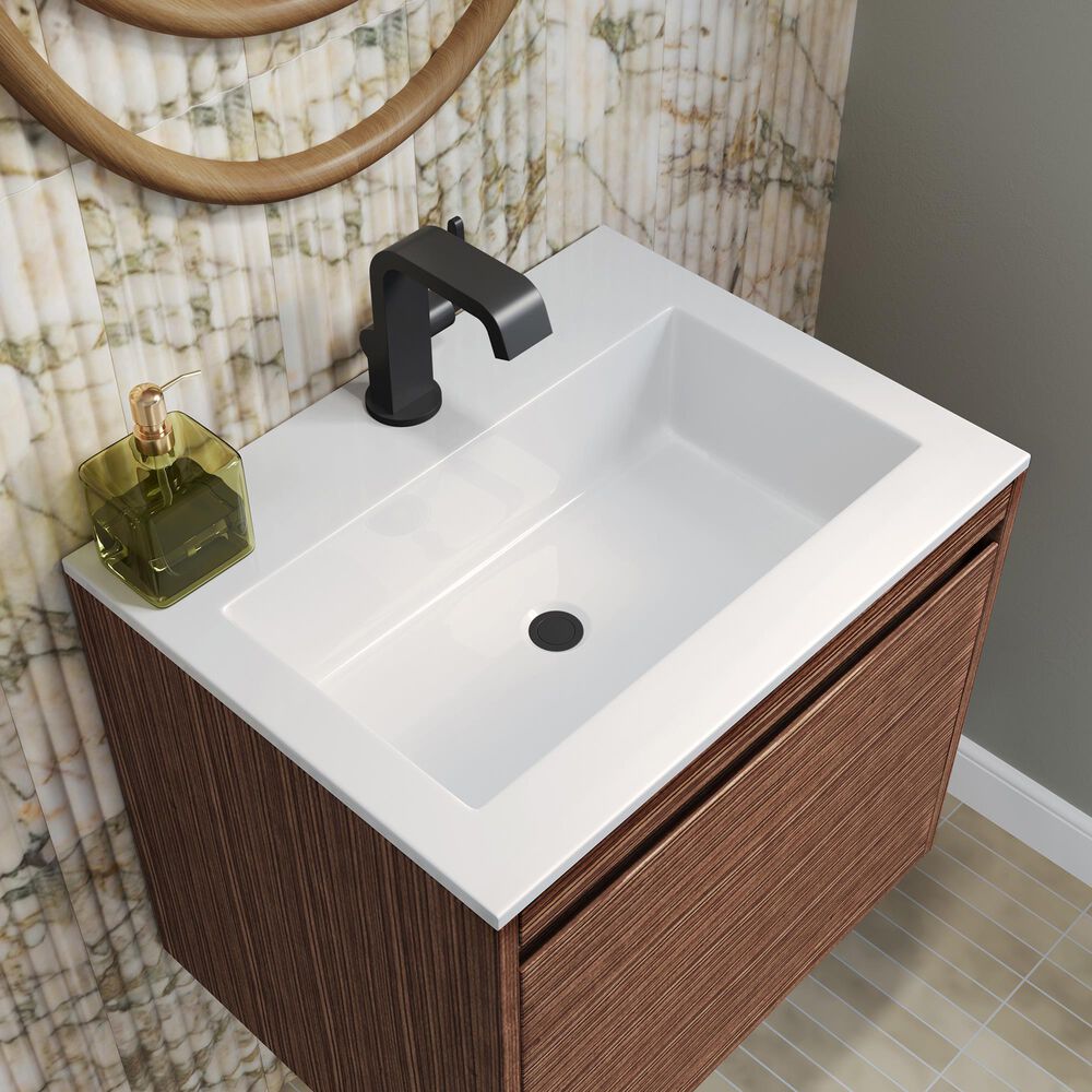 James Martin Mantova 23.6&quot; Single Vanity in Mid-Century Walnut and Matte Black with 3 cm Glossy White Composite Stone Top and Rectangular Sink, , large